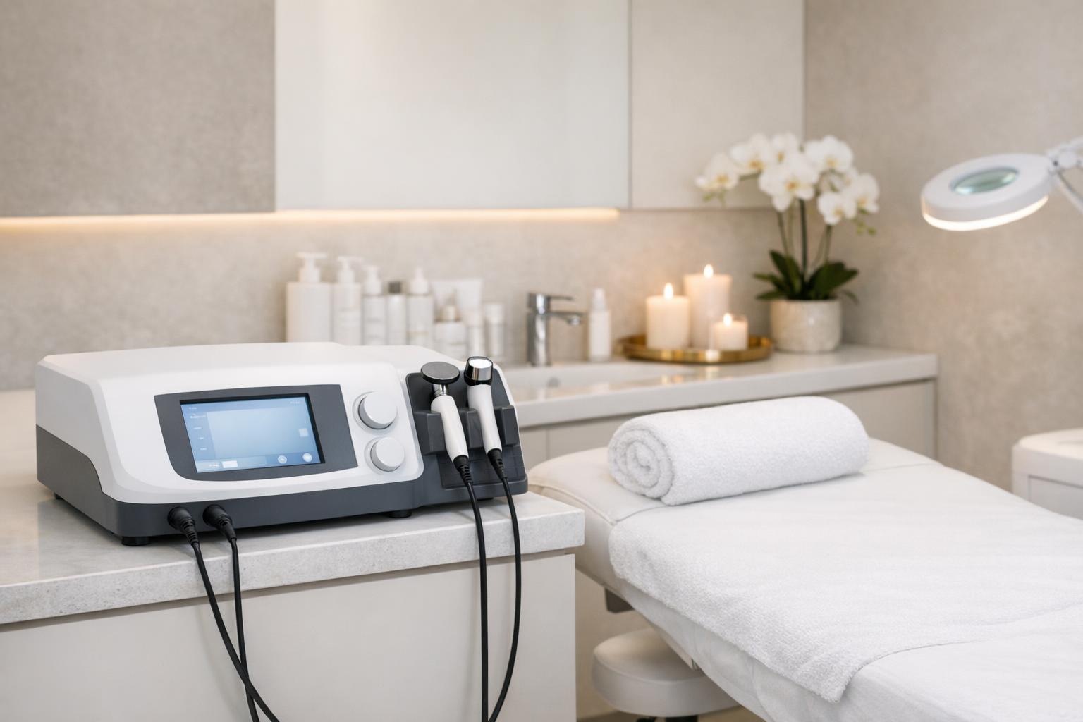 Zdjęcie przedstawiające gabinet medycyny estetycznej z aparatem Indiba na blacie