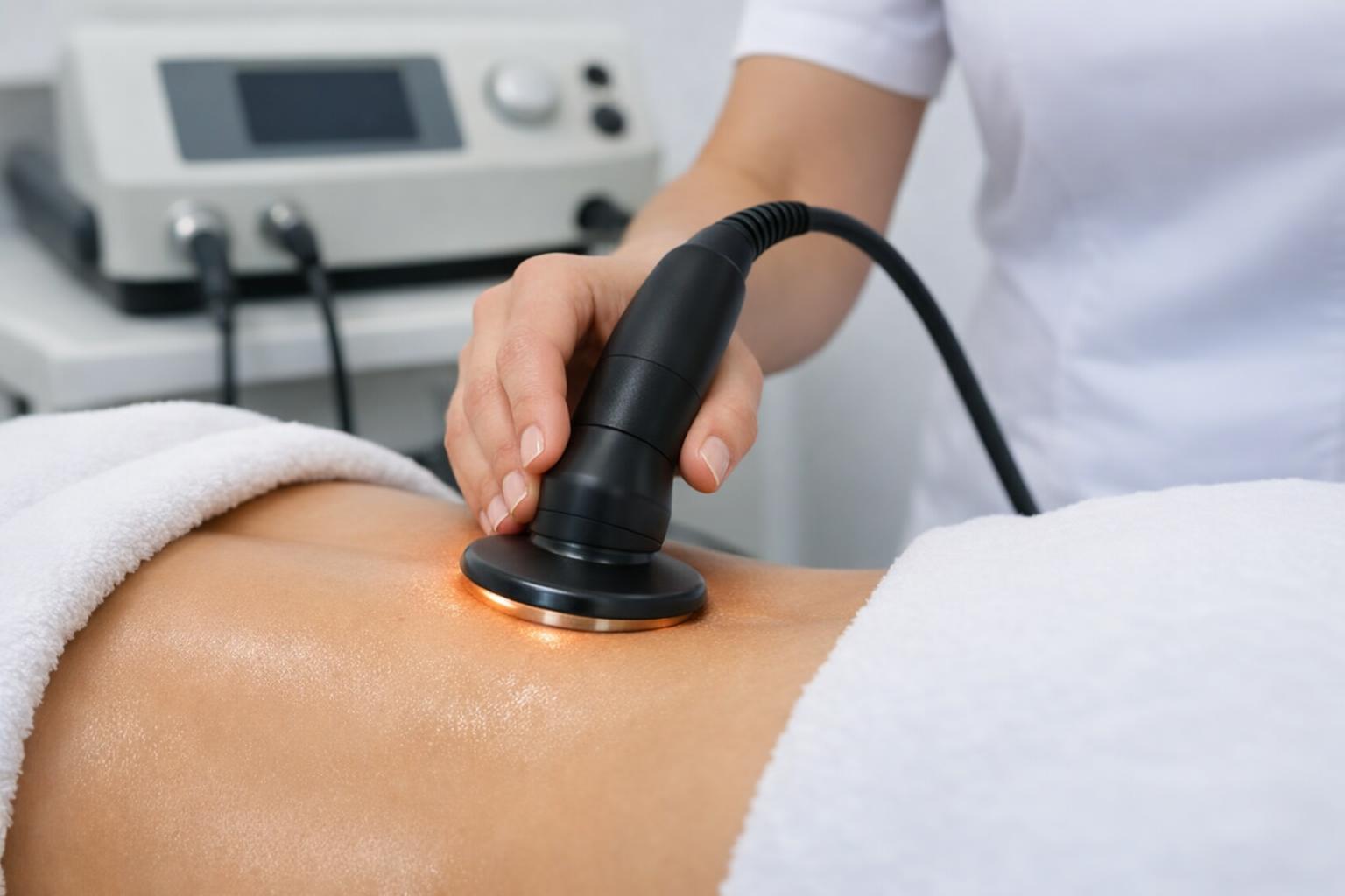 Zdjęcie przedstawiające osobę podczas zabiegu Indiba, aplikator na skórze
