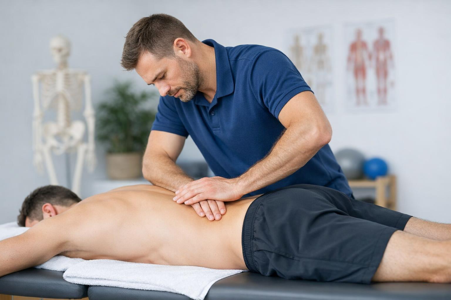 Terapeuta wykonujący terapię manualną na odcinku lędźwiowym pacjenta