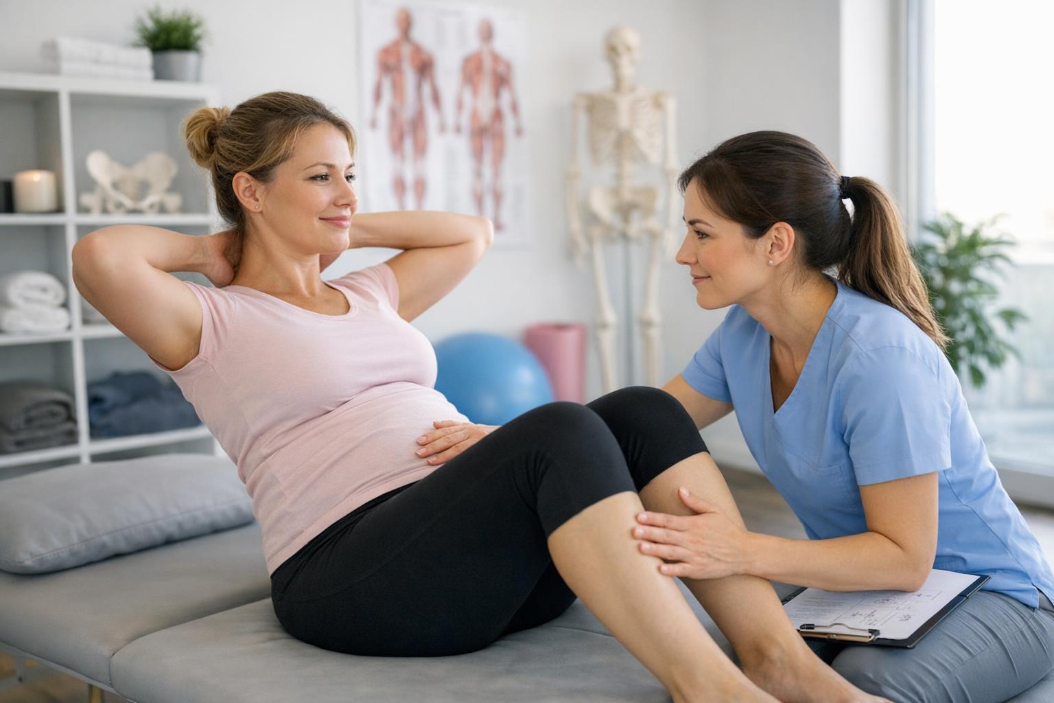 Fizjoterapeuta przeprowadza ocenę funkcjonalną mamy po porodzie