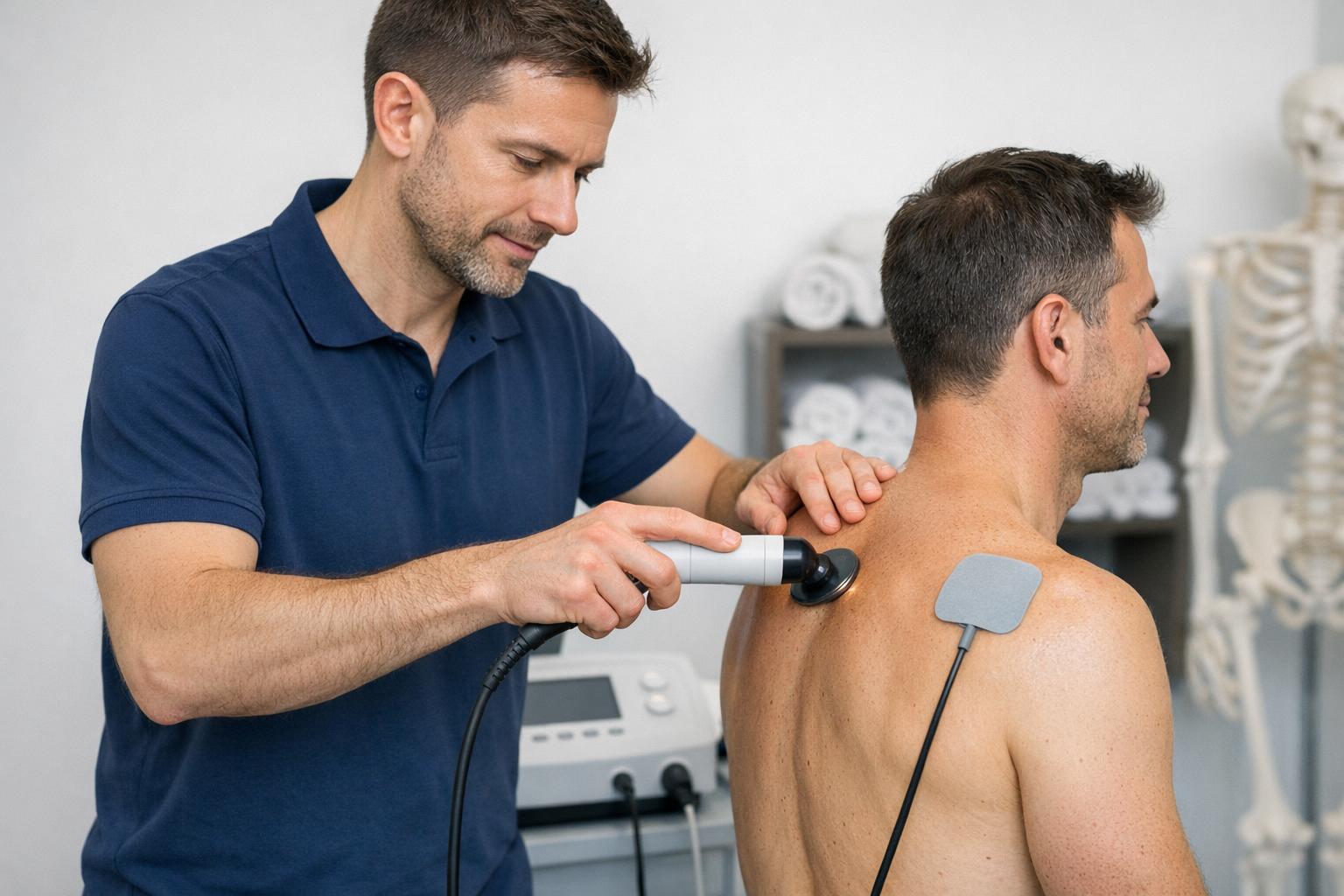 fizjoterapeuta stosujący INDIBA na barku pacjenta